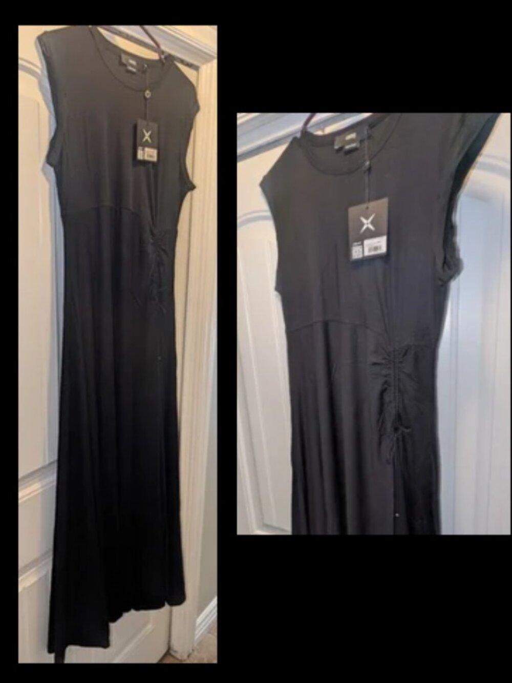 GSTQ Ruched Full Maxi Dress Black Beauty Womens Size L - NWT